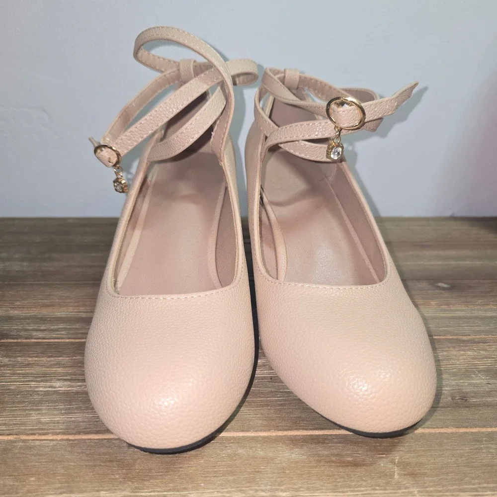 New Nude Pebbled Faux Leather Ankle Strap Block Heel Pumps‎ Rhinestone Charm 39